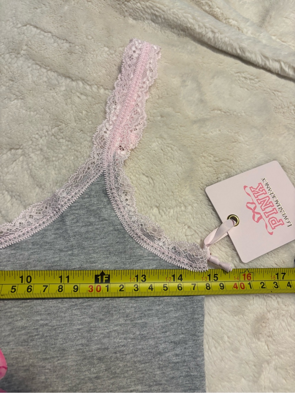 NWT LoveShackFancy X VS PINK Cami Medium Gray Pink Bow Lace Trim Tank Cotton NEW - Picture 15 of 16